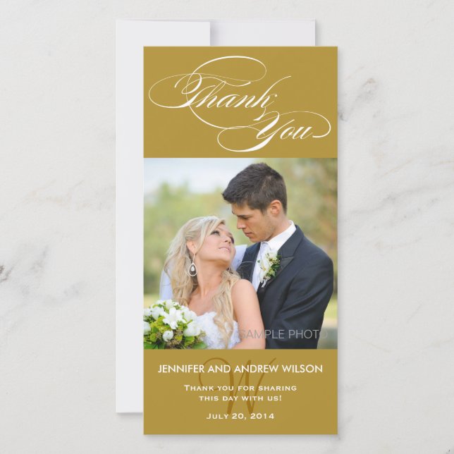GOLD INITIAL SCRIPT WEDDING THANK YOU PHOTO CARD (Front)