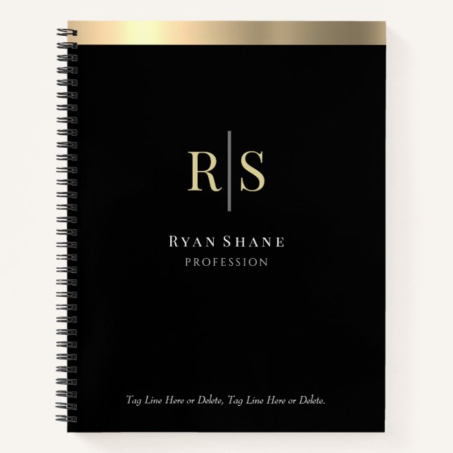 Gold Initials and Stripe, Occupation, Black Notebook (Front)