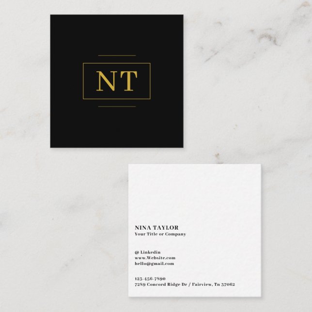 Gold Initials Border Monogram Minimalist Black Square Business Card (Front/Back)