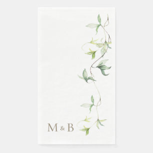Gold Initials Foliage White Elegant Wedding Napkin