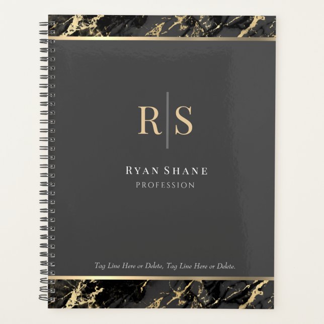 Gold Initials, Name, Black/Gold Marble, Dark Grey Planner (Front)