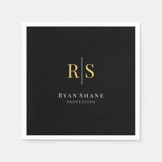 Gold Initials, Name, Profession, Black Napkin (Front)