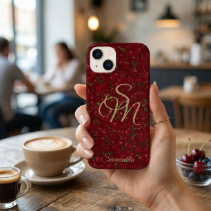 Gold Initials on Red Fruit: Cherry Monogram iPhone 13 Case