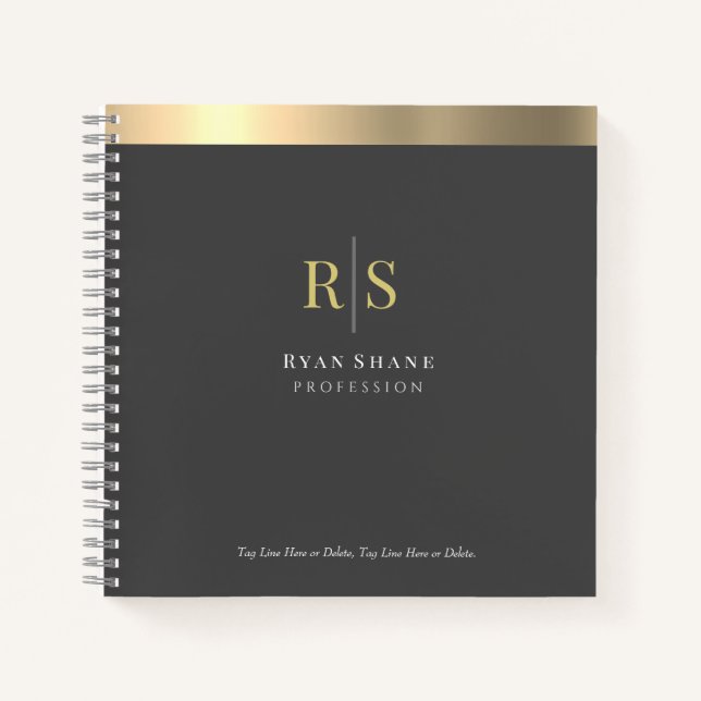 Gold Initials & Stripe, Name Occupation, Dark Grey Notebook (Front)