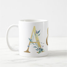 Gold initials, with blue foliage couples mug