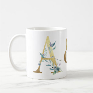 Gold initials, with blue foliage couples mug