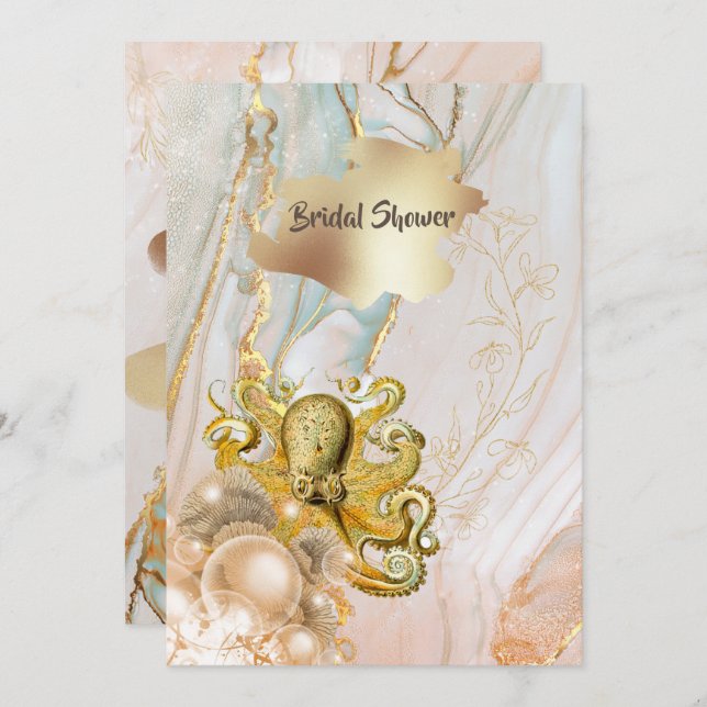 Gold ink marble swirl octopus beach theme invitation (Front/Back)