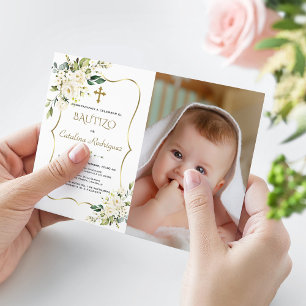 Gold Invitacion Bautizo Con flores Photo Baptism Invitation