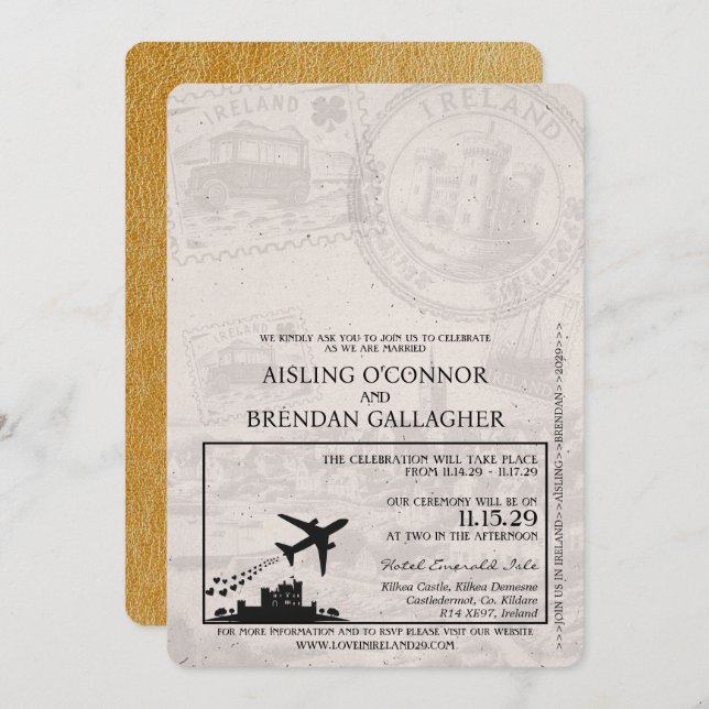 Gold Ireland Passport Wedding Invitation (Front/Back)