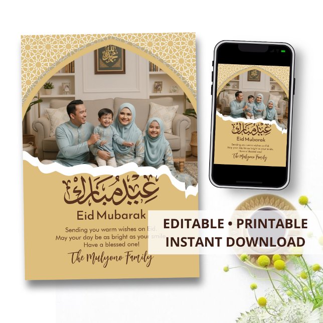 Gold Islamic Pattern Eid Mubarak Family Photo Card (Creator Uploaded)