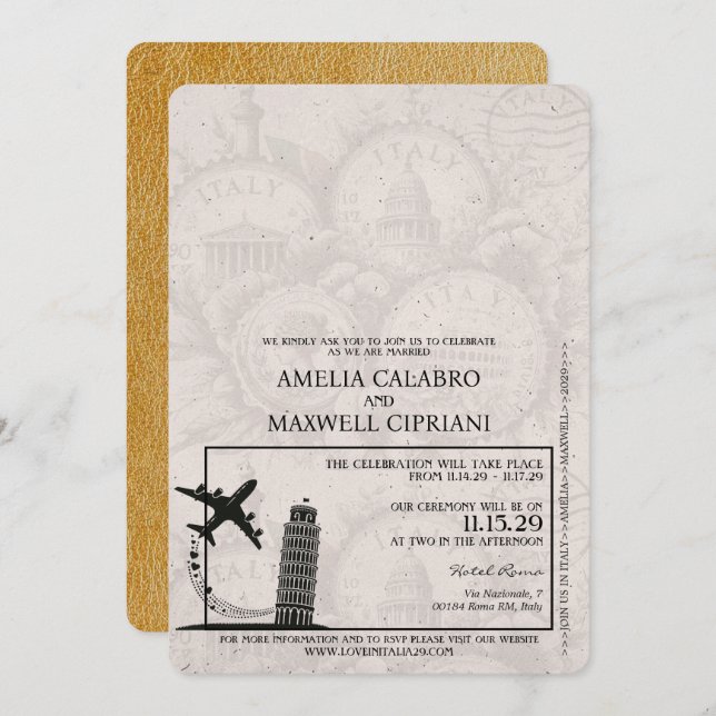 Gold Italy Passport Wedding Invitation (Front/Back)