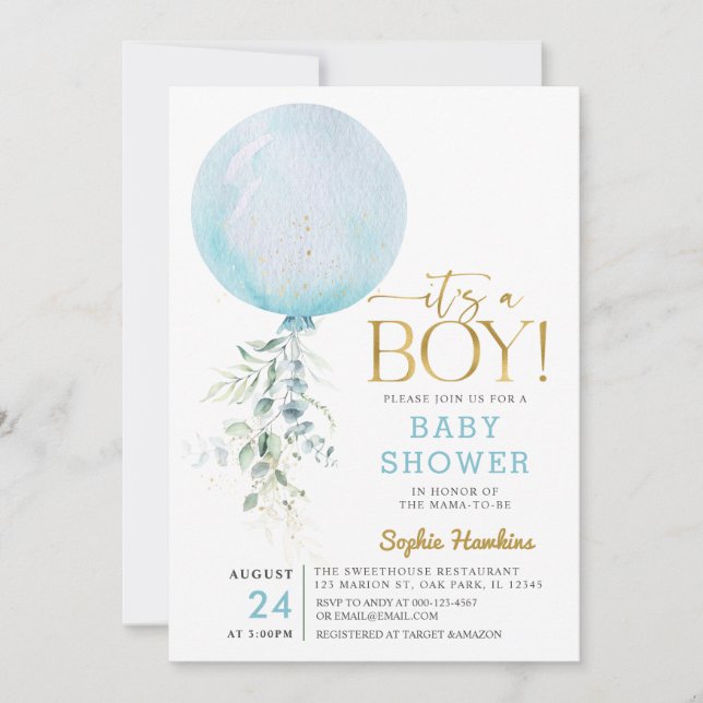 Gold It's A Boy Blue Balloon Baby Shower Invitation (Front)