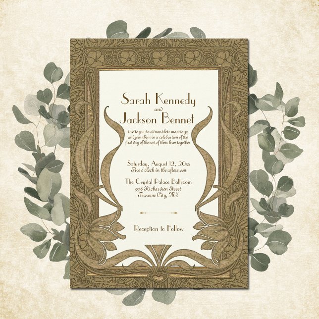 Gold Ivory Art Nouveau Elegant Wedding Invitation (This luxurious Art Nouveau design adds the perfect touch of class to these unique wedding invites.)