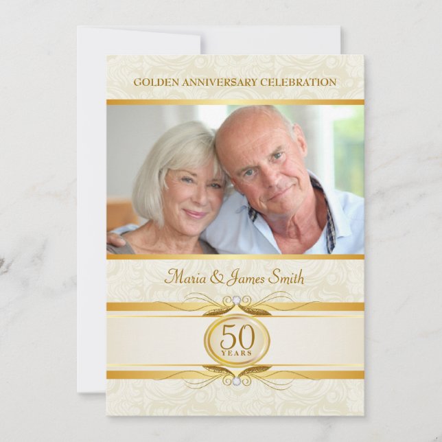 Gold & Ivory Damask 50th Anniversary Invitations (Front)