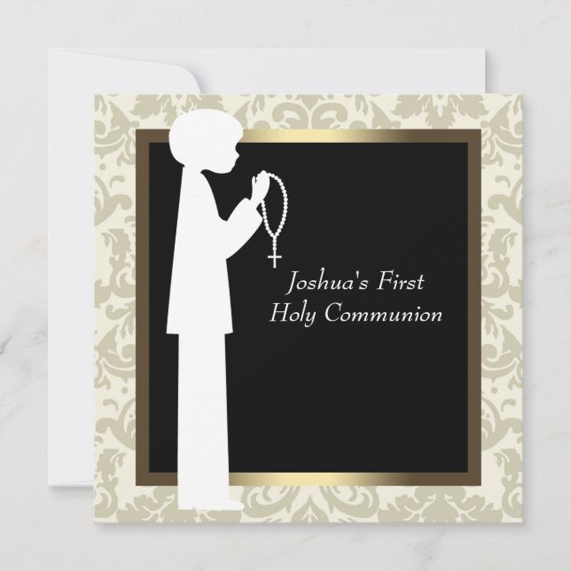 Gold Ivory Damask Rosary Boys First Communion Invitation (Front)