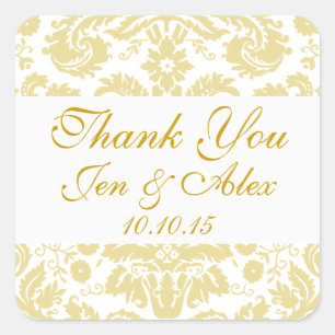 Gold Ivory Damask Wedding Favour Square Sticker