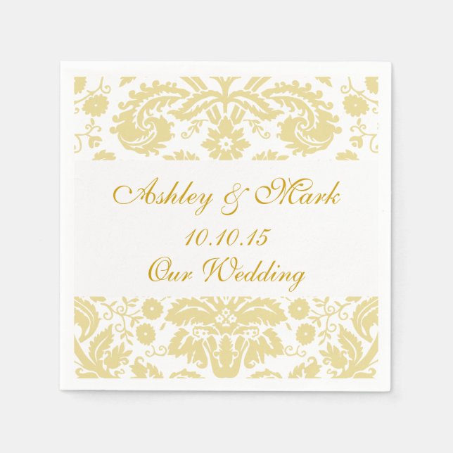 Gold Ivory Damask Wedding Paper Napkins (Front)