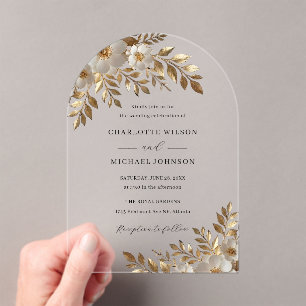 Gold Ivory Floral Bloom Acrylic Wedding Invitations