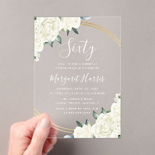 Gold Ivory Floral Greenery 60th Sixty Birthday Acrylic Invitations