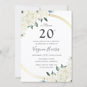 Gold Ivory Floral Twenty 20th Birthday Invitation