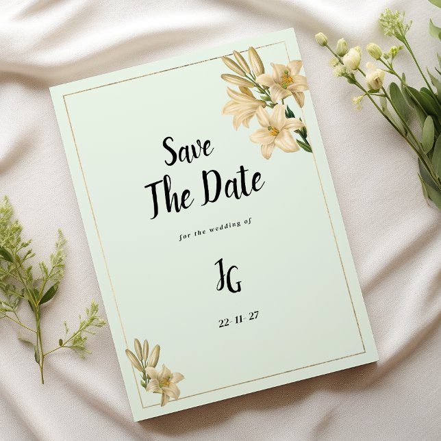 Gold ivory mint green lily flower Save The Date Invitation (Gold ivory mint green lily flower Save The Date)