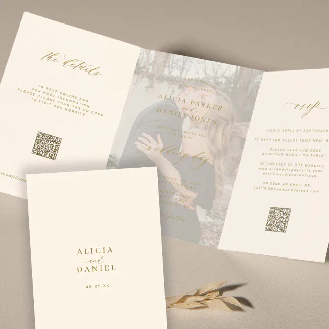 Gold ivory photo wedding RSVP details QR code Tri-Fold Invitation | Zazzle