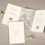 Gold ivory photo wedding RSVP details QR code  Tri-Fold Invitation<br><div class="desc">Elegant simple minimal typography trendy modern faux gold and cream ivory all in one budget wedding invitation template with 2 photos, rsvp and details with scanning QR codes featuring a chic trendy calligraphy script and light cream transparent overlay. Easy to personalise with one or two custom photos (you can upload...</div>