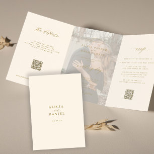 Gold ivory photo wedding RSVP details QR code  Tri-Fold Invitation