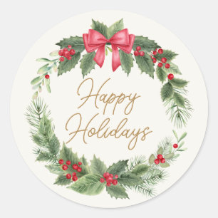 Gold Ivory Watercolor Holly Happy Holidays Classic Round Sticker