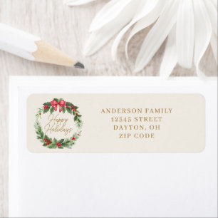 Gold Ivory Watercolor Holly Happy Holidays  Return Address Label