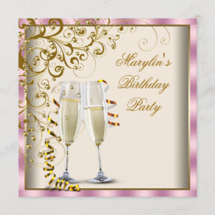 Gold Ivory Womans Pink Gold Cream Birthday Invitation