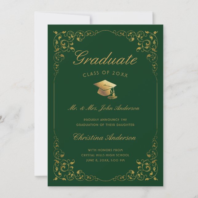 Gold Ivy Cap Script From Parents Green Graduation  Announcement (Front)