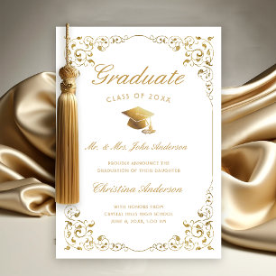 Gold Ivy Cap Script From Parents White Graduation Announcement