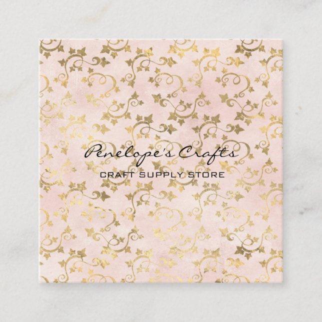 Gold Ivy Print Pink Square Business Card (Front)