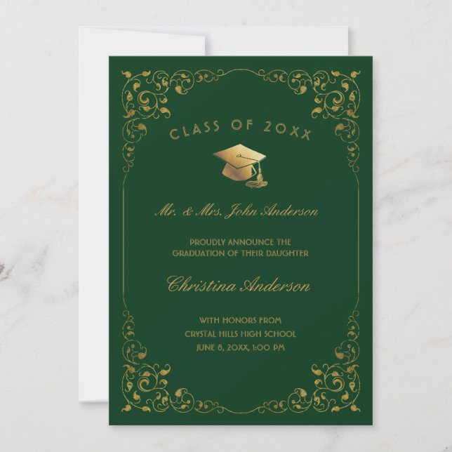 Gold Ivy Script From Parents Green Graduation Announcement (Front)
