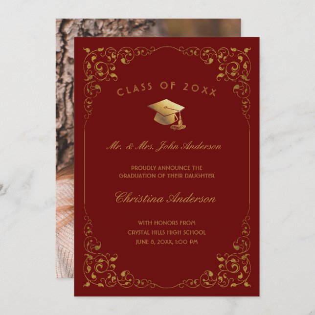 Gold Ivy Script From Parents Photo Red Graduation Announcement (Front/Back)