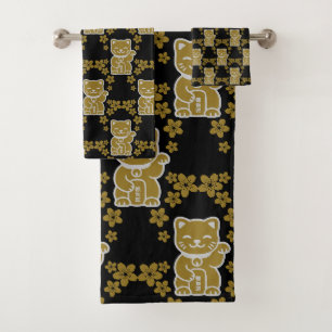Gold Japanese Maneki-neko Bath Towel Set
