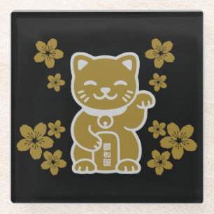 Gold Japanese Maneki-neko Glass Coaster