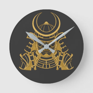 Gold Japanese Samurai Kabuto Helmet and Mempo Mask Round Clock