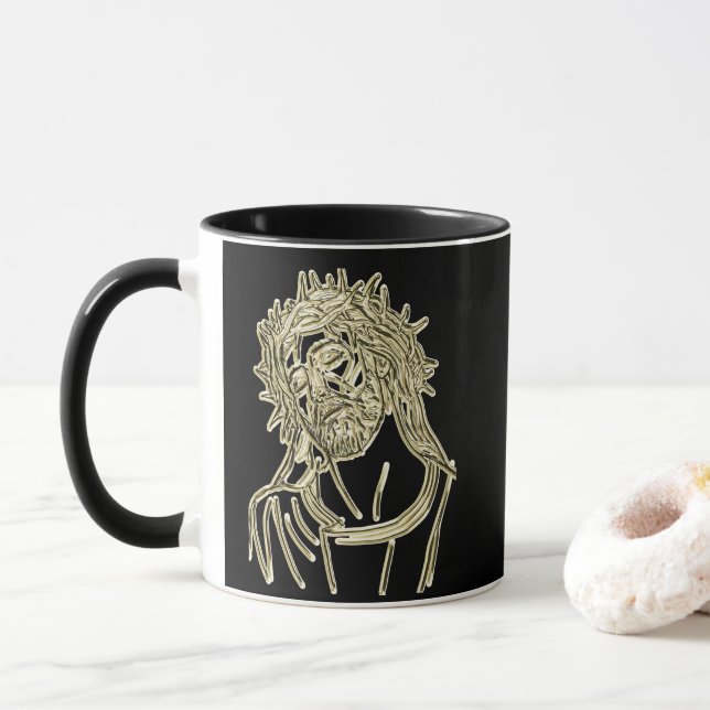 Gold Jesus looking up to god glimmering brightly Mug (With Donut)