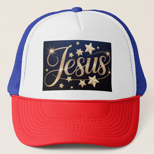 Gold Jesus Script Blue  Trucker Hat (Front)