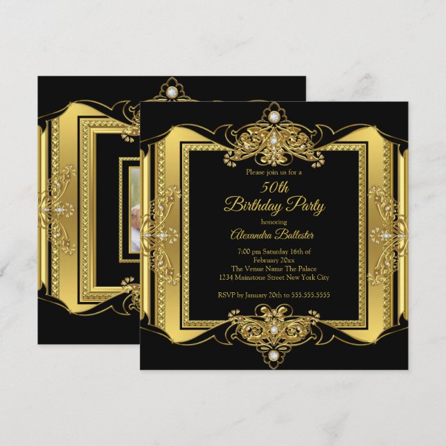 Gold Jewel Black Elegant Birthday Party Photo Invitation (Front/Back)