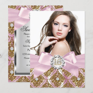Gold Jewel Damask & Pink Bow Sweet 16 Photo Invite