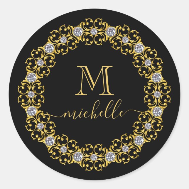 Gold Jewel Frame Monogram Name Classic Round Stick Sticker (Front)