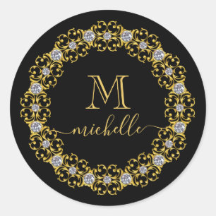 Gold Jewel Frame Monogram Name Classic Round Stick Sticker