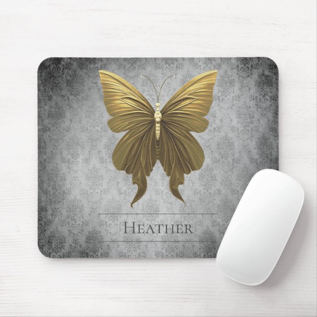 Gold Jewelled Butterfly Damask Mouse Pad (With Mouse)