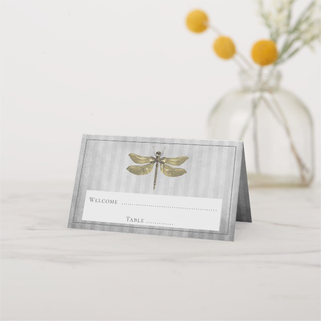Gold Jewelled Dragonfly Reception Place Card (Front)