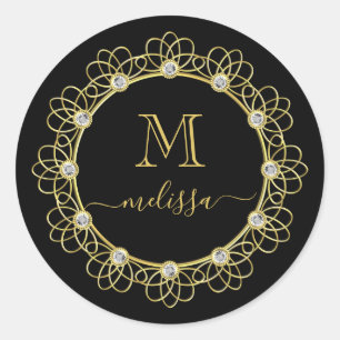 Gold Jewelled Frame Monogram with Name Classic Rou Round Sticker