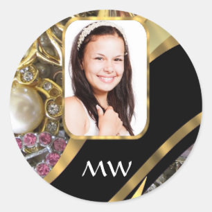 Gold jewellery photo background classic round sticker
