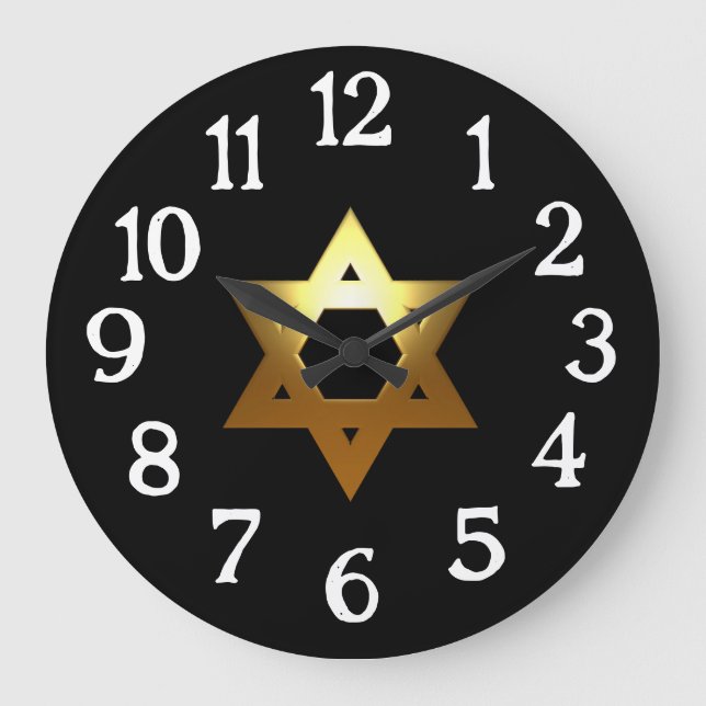 Gold Jewish Star Black Background Large Clock (Front)
